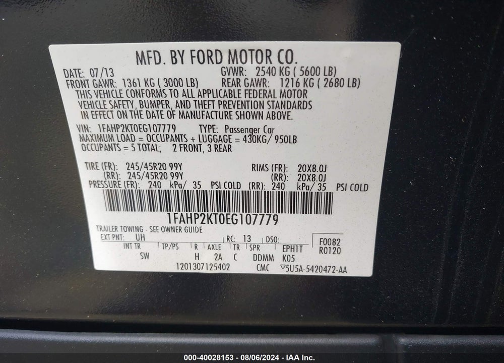 2014 FORD TAURUS SHO VIN: 1FAHP2KT0EG107779