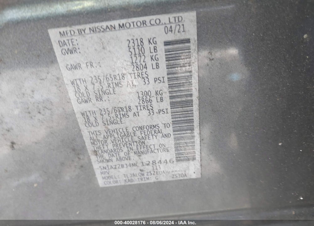 2021 NISSAN MURANO SV FWD VIN: 5N1AZ2BJ4MC128446