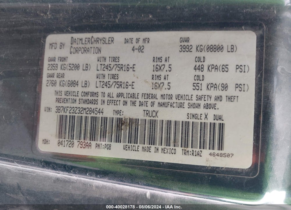 2002 DODGE RAM 2500 ST VIN: 3B7KF23Z32M284544