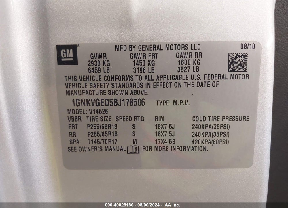 2011 CHEVROLET TRAVERSE 1LT VIN: 1GNKVGED5BJ178506