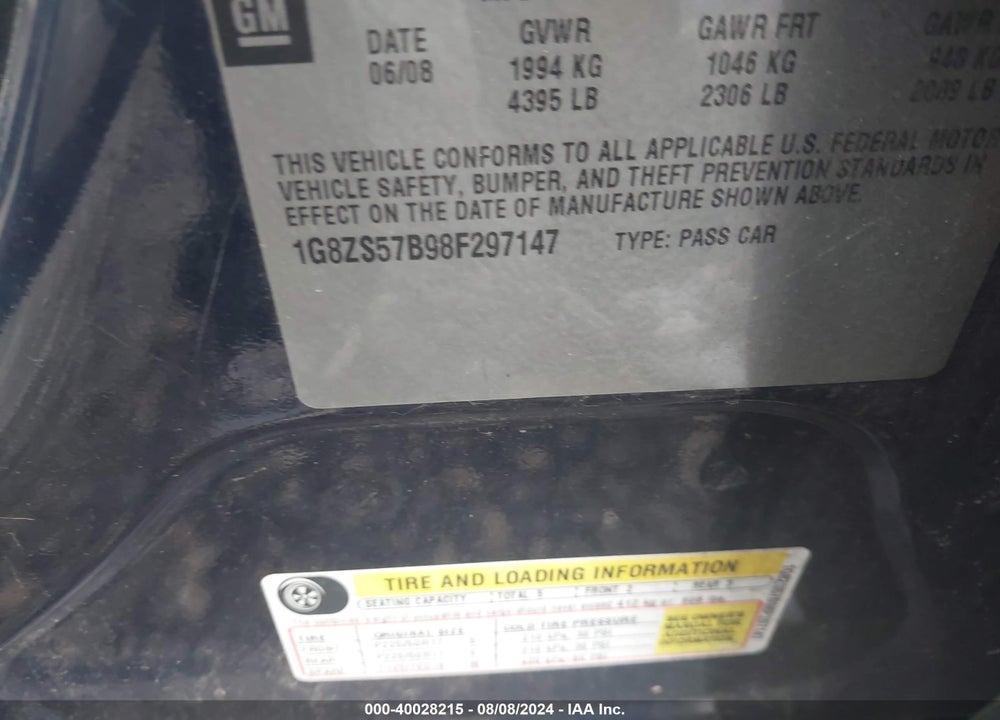 2008 SATURN AURA XE VIN: 1G8ZS57B98F297147