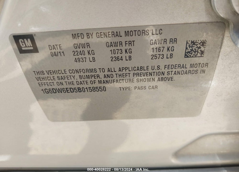 2011 CADILLAC STS LUXURY VIN: 1G6DW6ED5B0158550