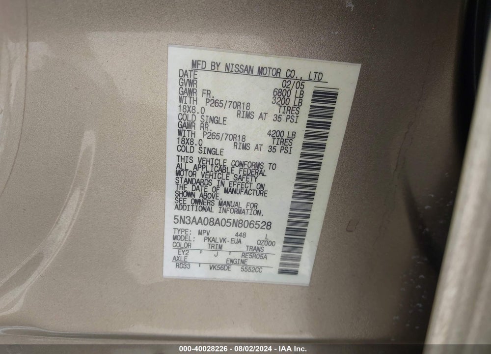 2005 INFINITI QX56 VIN: 5N3AA08A05N806528