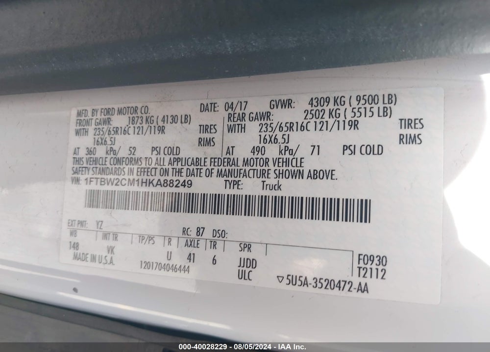 2017 FORD TRANSIT-350 VIN: 1FTBW2CM1HKA88249