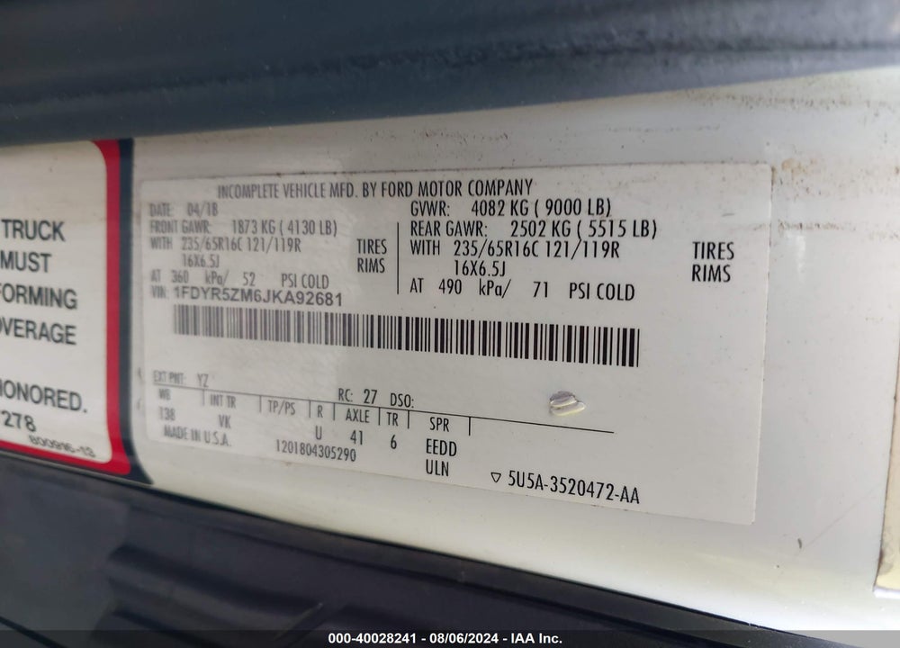 2018 FORD TRANSIT-250 CAB VIN: 1FDYR5ZM6JKA92681