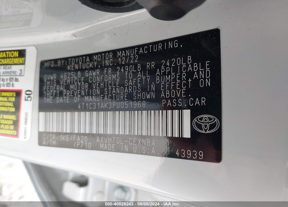 2023 TOYOTA CAMRY LE HYBRID VIN: 4T1C31AK3PU051968