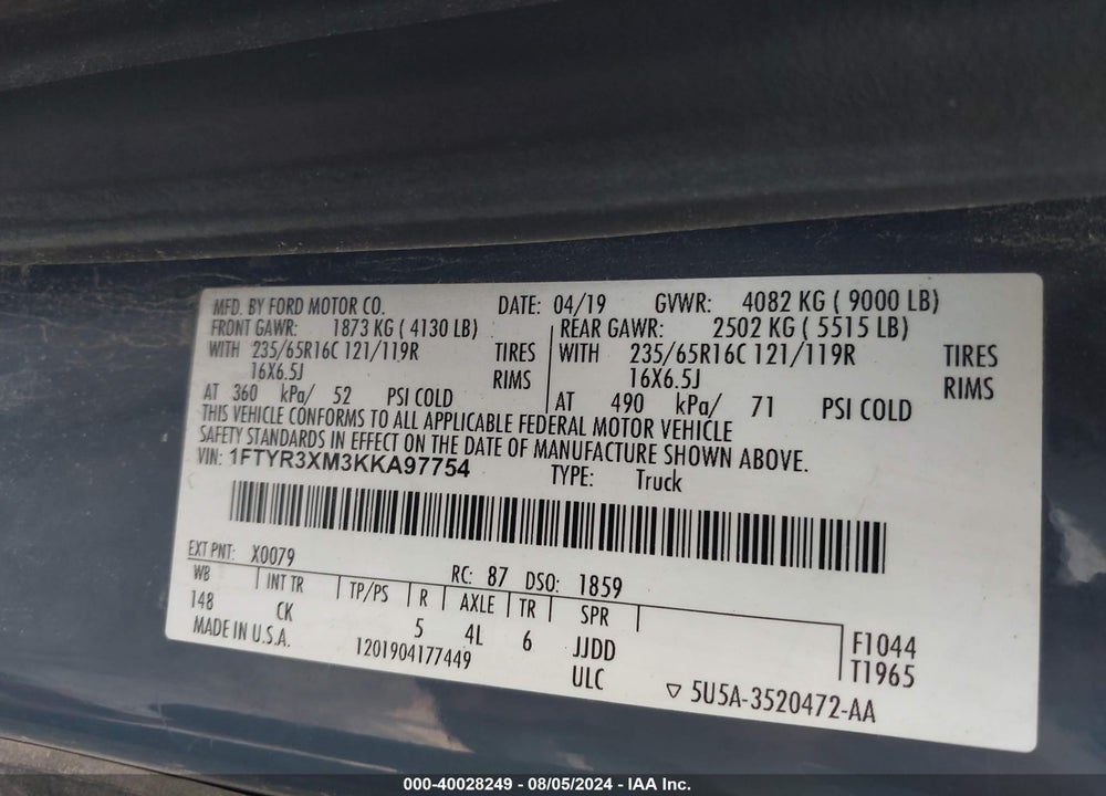 2019 FORD TRANSIT-250 VIN: 1FTYR3XM3KKA97754