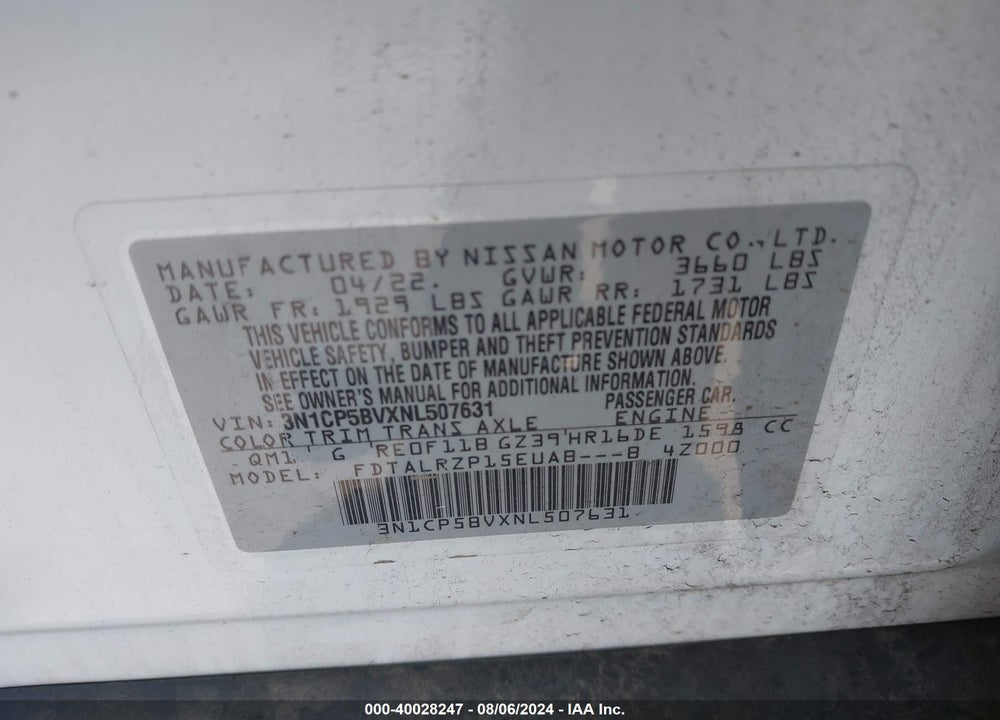 2022 NISSAN KICKS S XTRONIC CVT VIN: 3N1CP5BVXNL507631