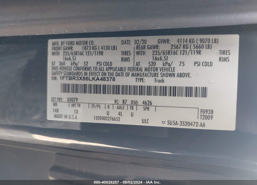 2020 FORD TRANSIT-250 CARGO VAN VIN: 1FTBR3X86LKA48378