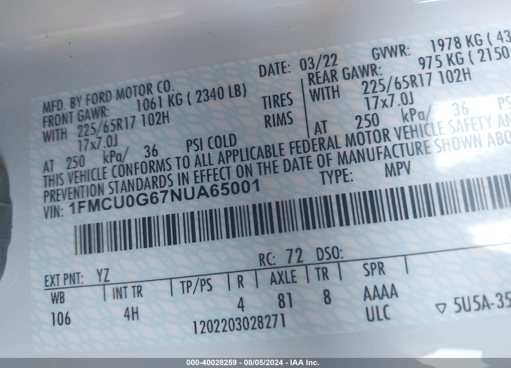 2022 FORD ESCAPE SE VIN: 1FMCU0G67NUA65001