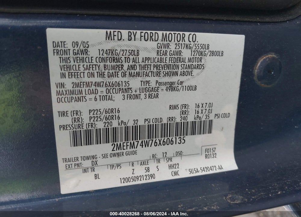 2006 MERCURY GRAND MARQUIS GS VIN: 2MEFM74W76X606135