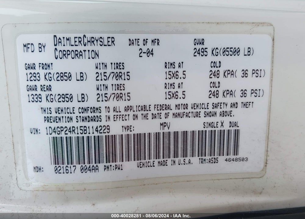 2005 DODGE GRAND CARAVAN SE VIN: 1D4GP24R15B114229