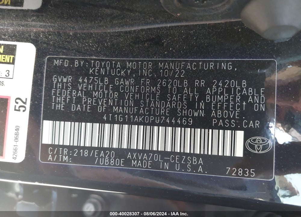 2023 TOYOTA CAMRY SE VIN: 4T1G11AK0PU744469