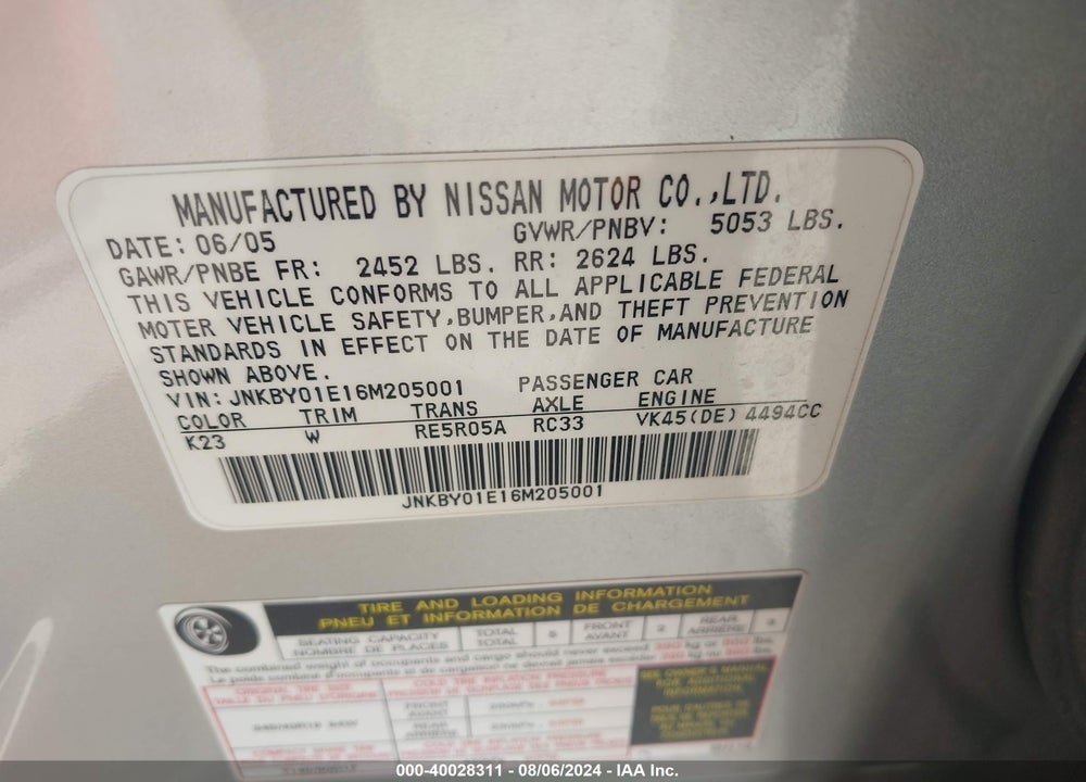 2006 INFINITI M45 SPORT VIN: JNKBY01E16M205001