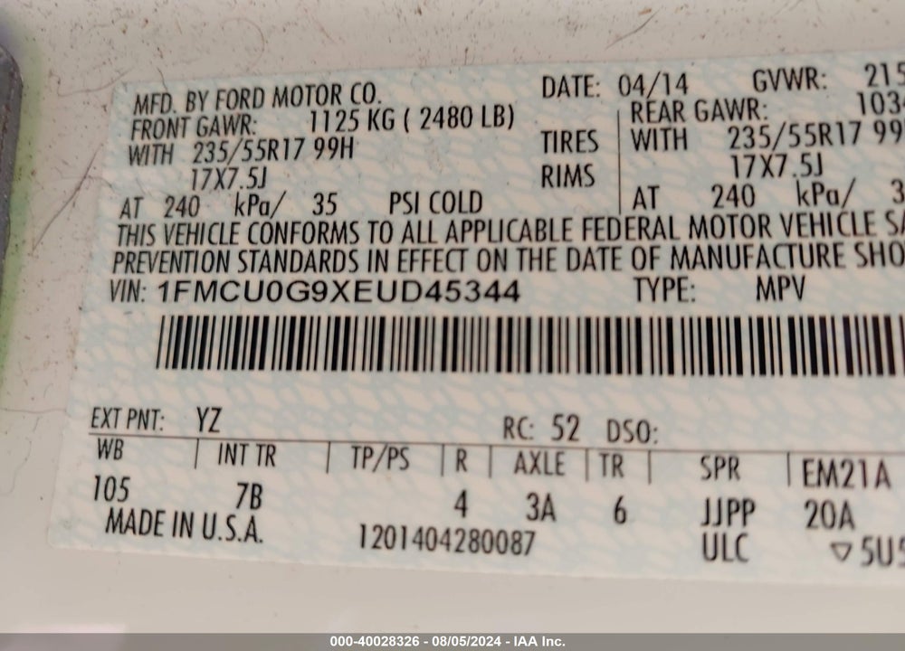 2014 FORD ESCAPE VIN: 1FMCU0G9XEUD45344