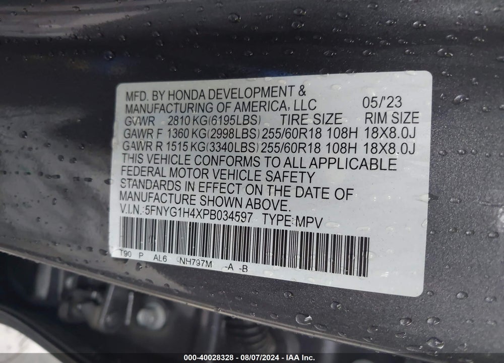 2023 HONDA PILOT AWD EX-L 8 PASSENGER VIN: 5FNYG1H4XPB034597