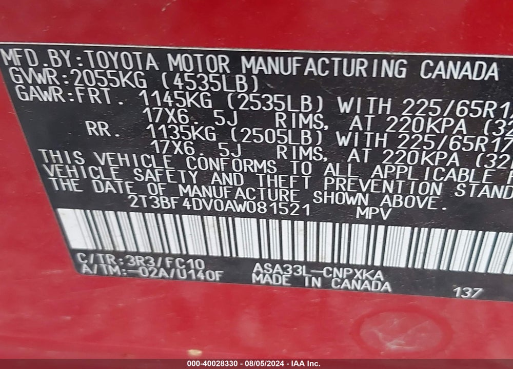 2010 TOYOTA RAV4 VIN: 2T3BF4DV0AW081521