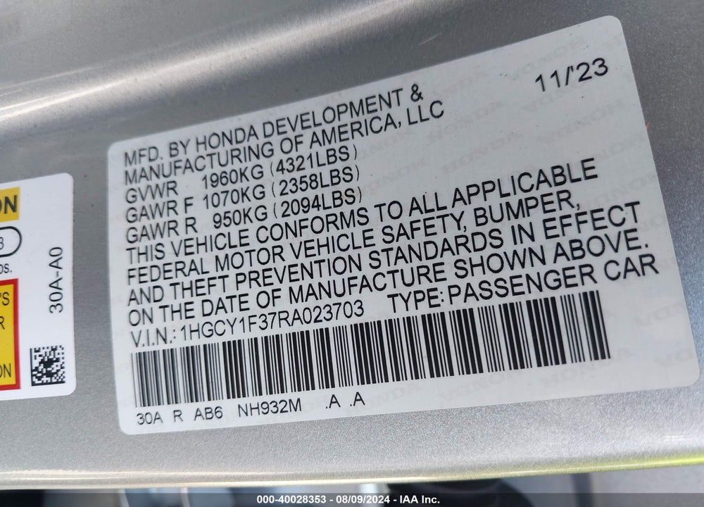 2024 HONDA ACCORD EX VIN: 1HGCY1F37RA023703