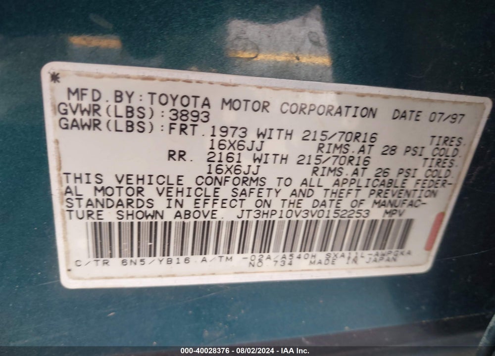 1997 TOYOTA RAV4 VIN: JT3HP10V3V0152253