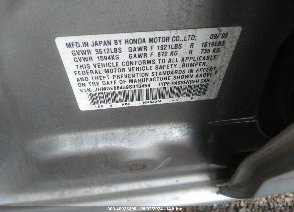 2009 HONDA FIT SPORT VIN: JHMGE88459S013459