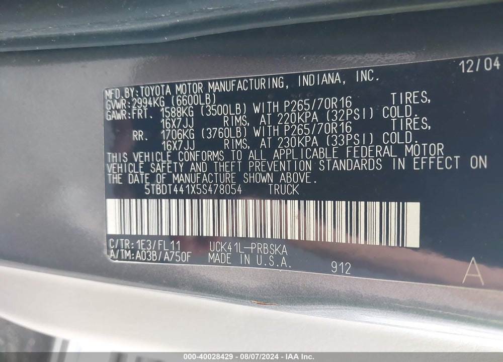 2005 TOYOTA TUNDRA SR5 V8 VIN: 5TBDT441X5S478054