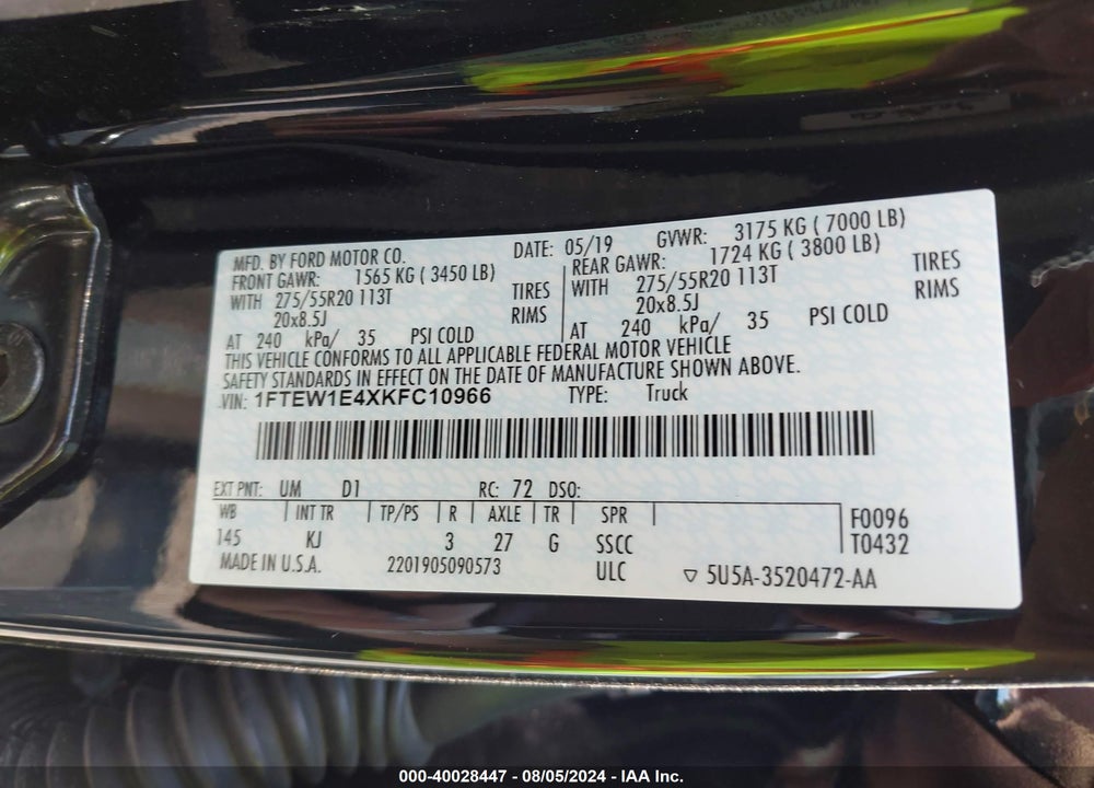2019 FORD F-150 KING RANCH VIN: 1FTEW1E4XKFC10966
