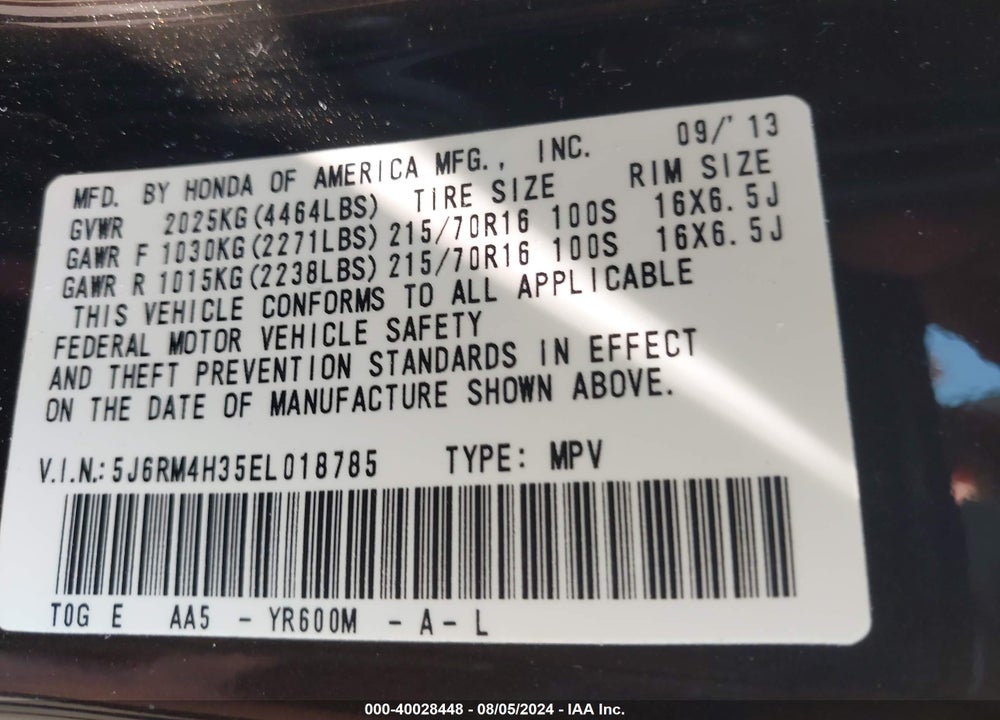 2014 HONDA CR-V LX VIN: 5J6RM4H35EL018785