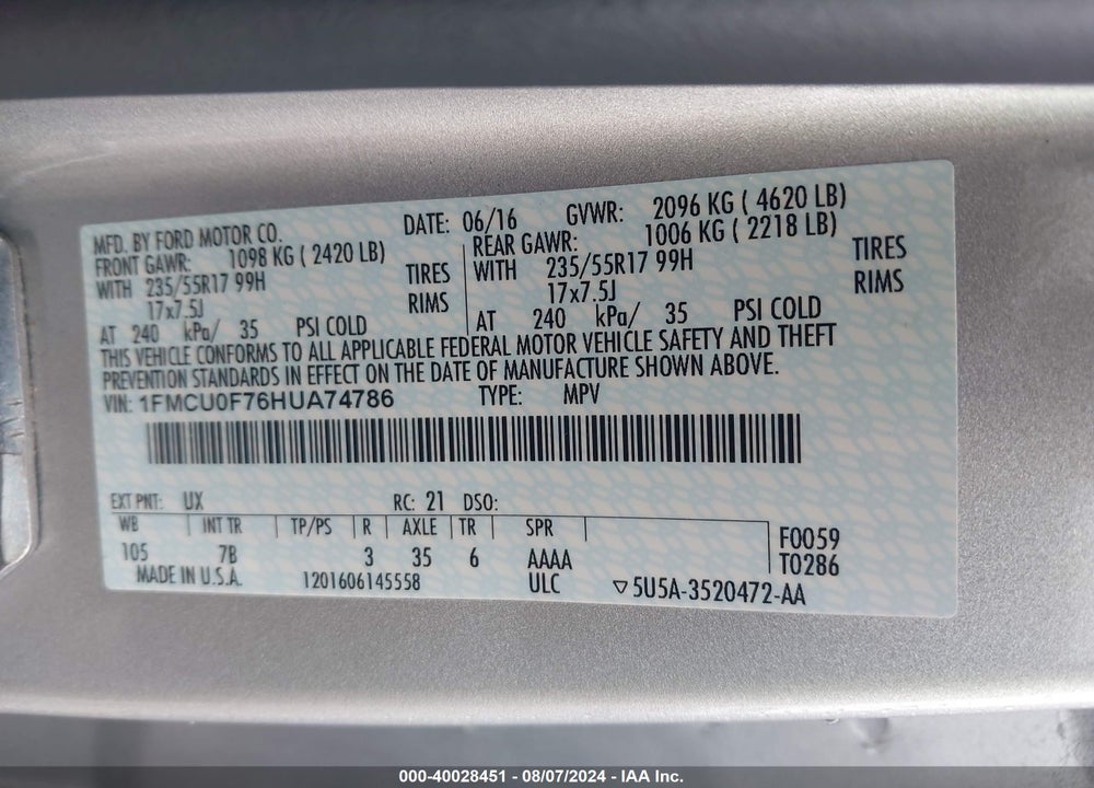 2017 FORD ESCAPE VIN: 1FMCU0F76HUA74786