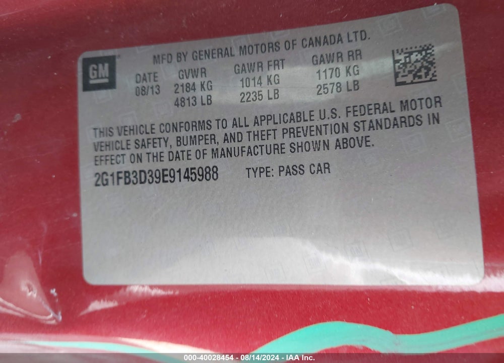 2014 CHEVROLET CAMARO VIN: 2G1FB3D39E9145988