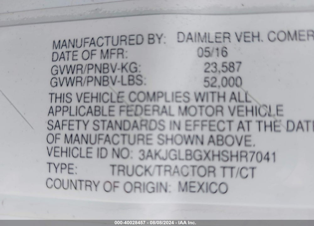 2017 FREIGHTLINER CASCADIA 125 VIN: 3AKJGLBGXHSHR7041