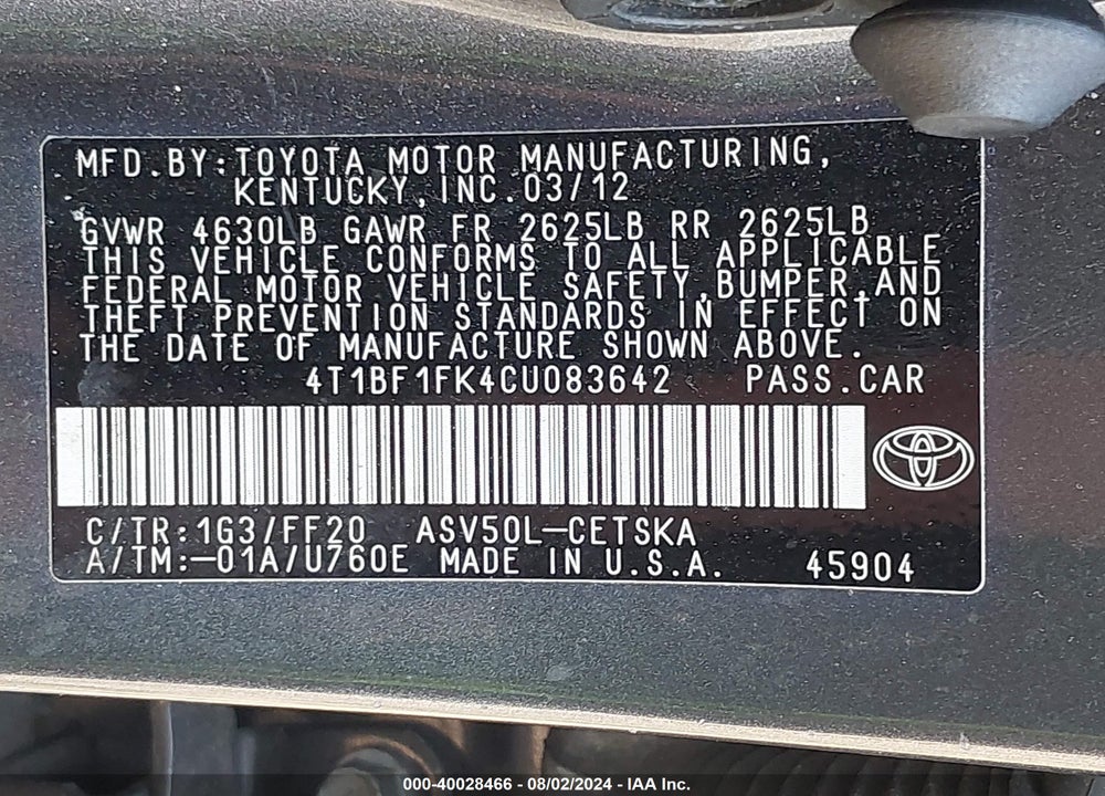 2012 TOYOTA CAMRY SE VIN: 4T1BF1FK4CU083642