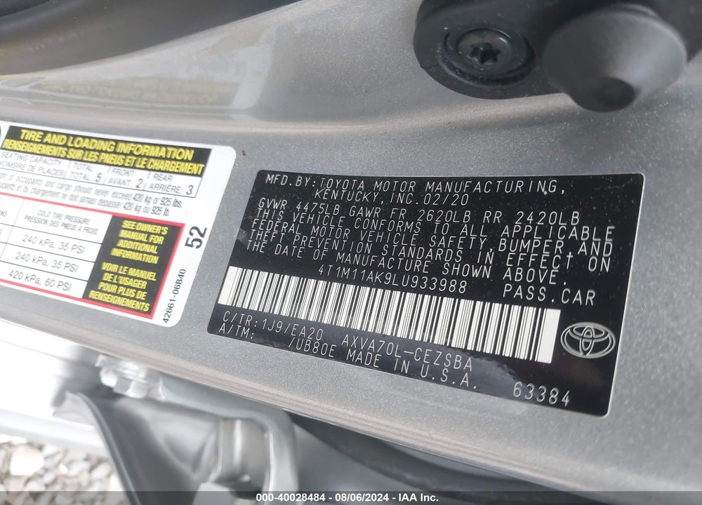 2020 TOYOTA CAMRY SE VIN: 4T1M11AK9LU933988