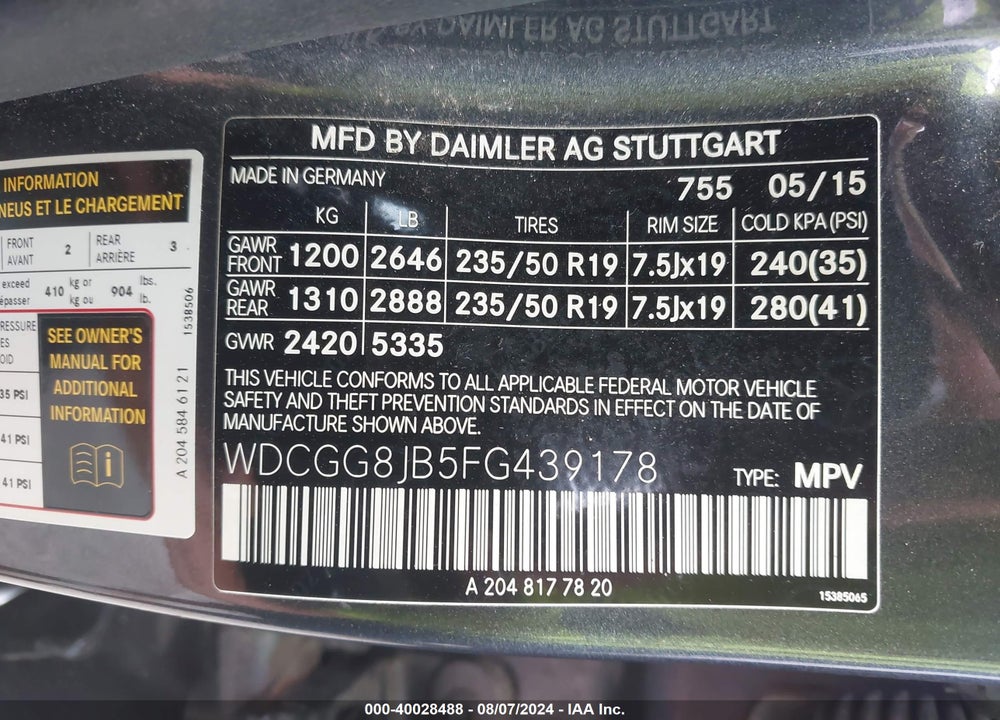 2015 MERCEDES-BENZ GLK 350 4MATIC VIN: WDCGG8JB5FG439178