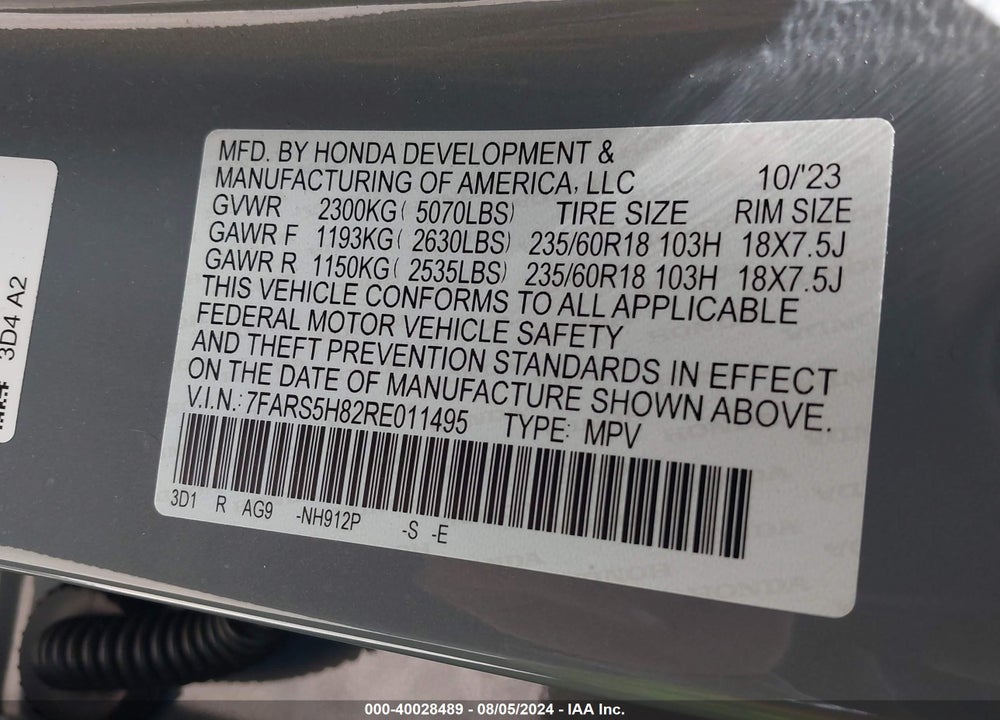 2024 HONDA CR-V HYBRID SPORT-L VIN: 7FARS5H82RE011495
