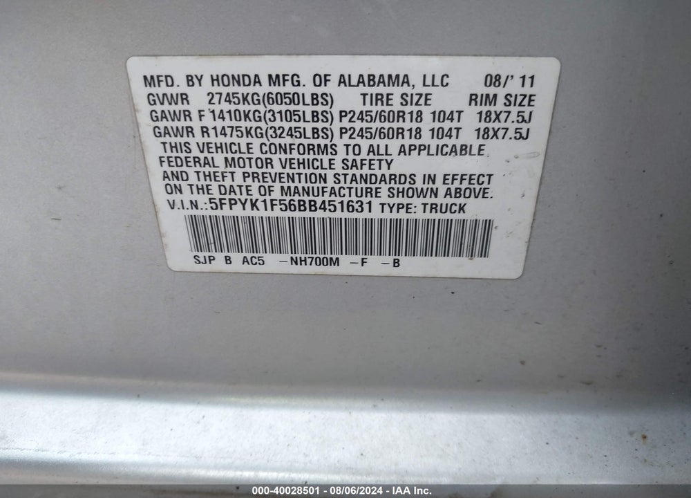 2011 HONDA RIDGELINE RTL VIN: 5FPYK1F56BB451631