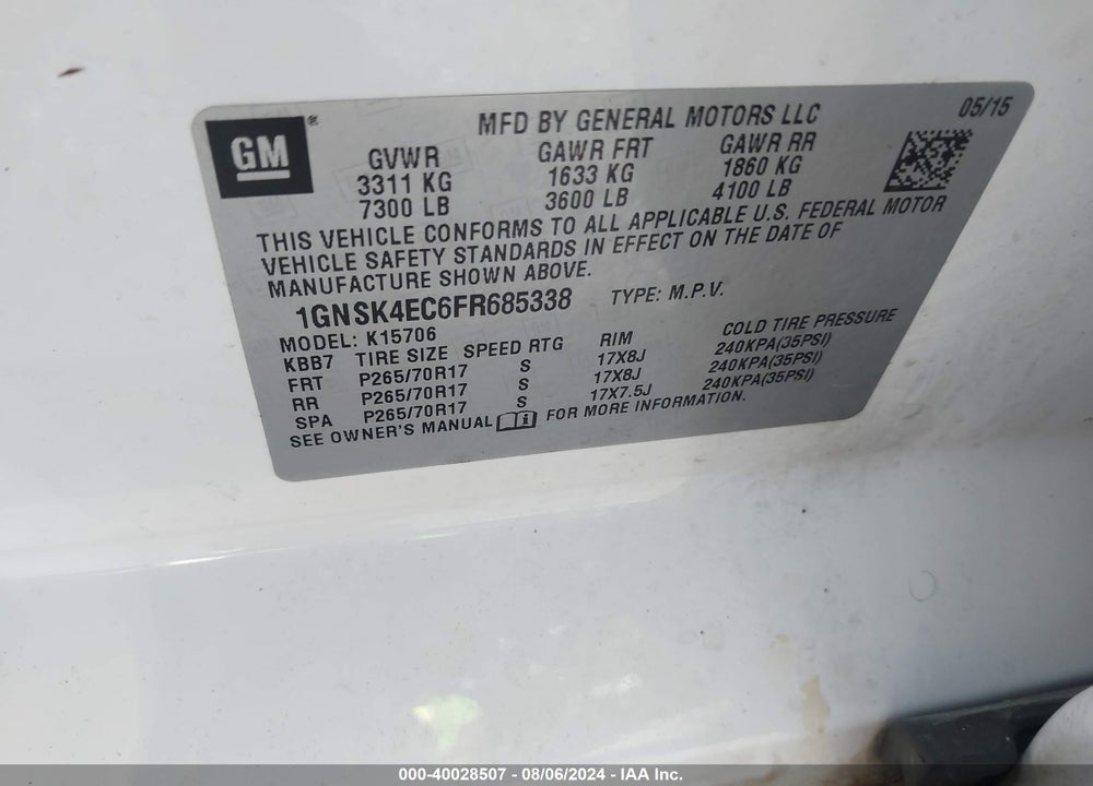 2015 CHEVROLET TAHOE COMMERCIAL FLEET VIN: 1GNSK4EC6FR685338