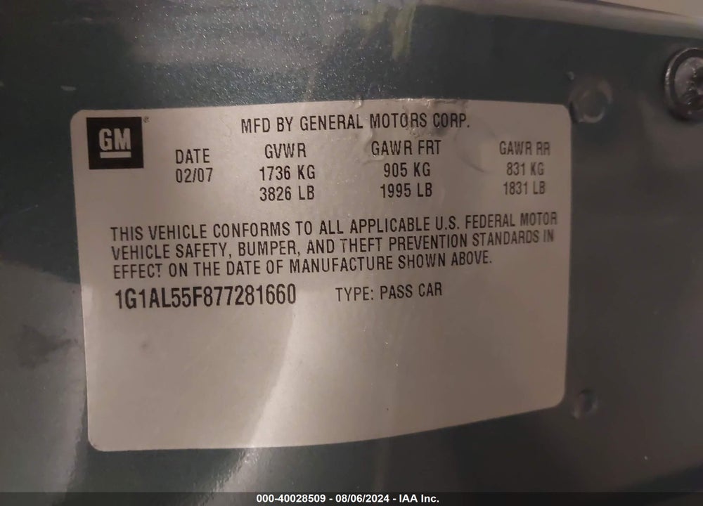 2007 CHEVROLET COBALT VIN: 1G1AL55F877281660