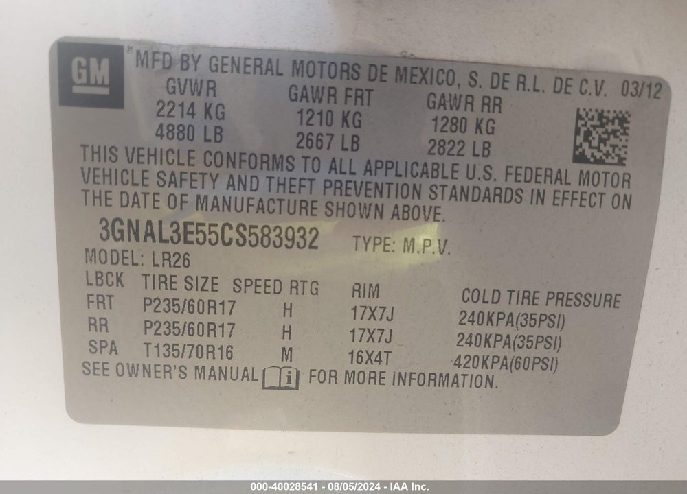 2012 CHEVROLET CAPTIVA SPORT LT VIN: 3GNAL3E55CS583932
