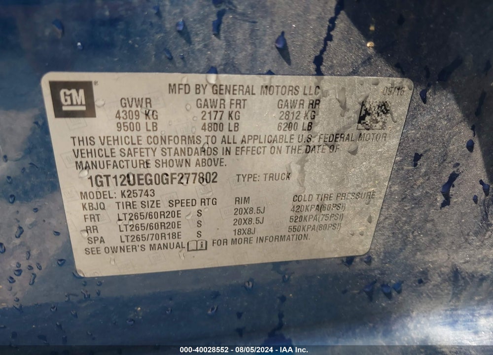 2016 GMC SIERRA 2500HD DENALI VIN: 1GT12UEG0GF277802
