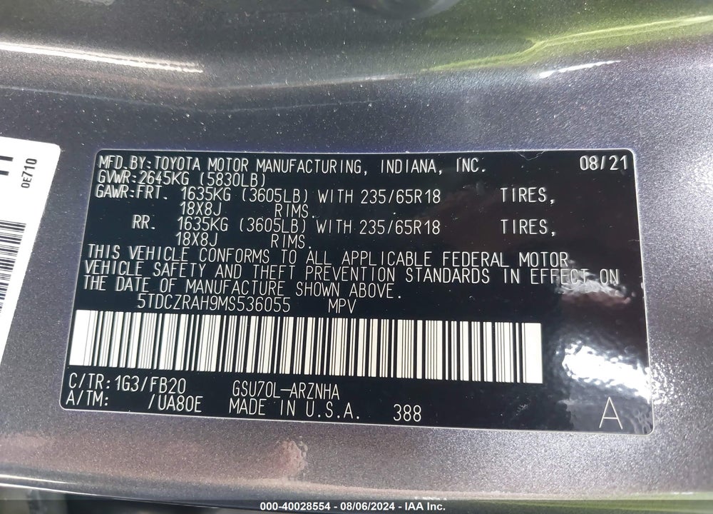2021 TOYOTA HIGHLANDER L VIN: 5TDCZRAH9MS536055