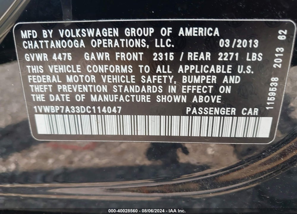 2013 VOLKSWAGEN PASSAT 2.5L SE VIN: 1VWBP7A33DC114047