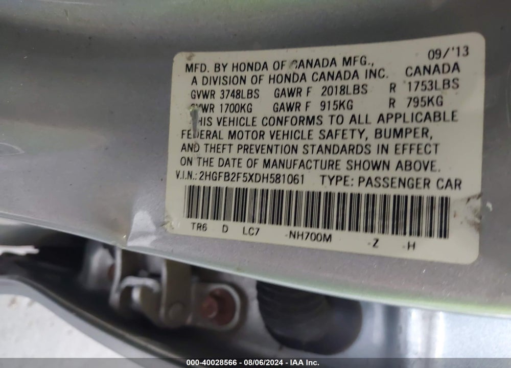 2013 HONDA CIVIC LX VIN: 2HGFB2F5XDH581061