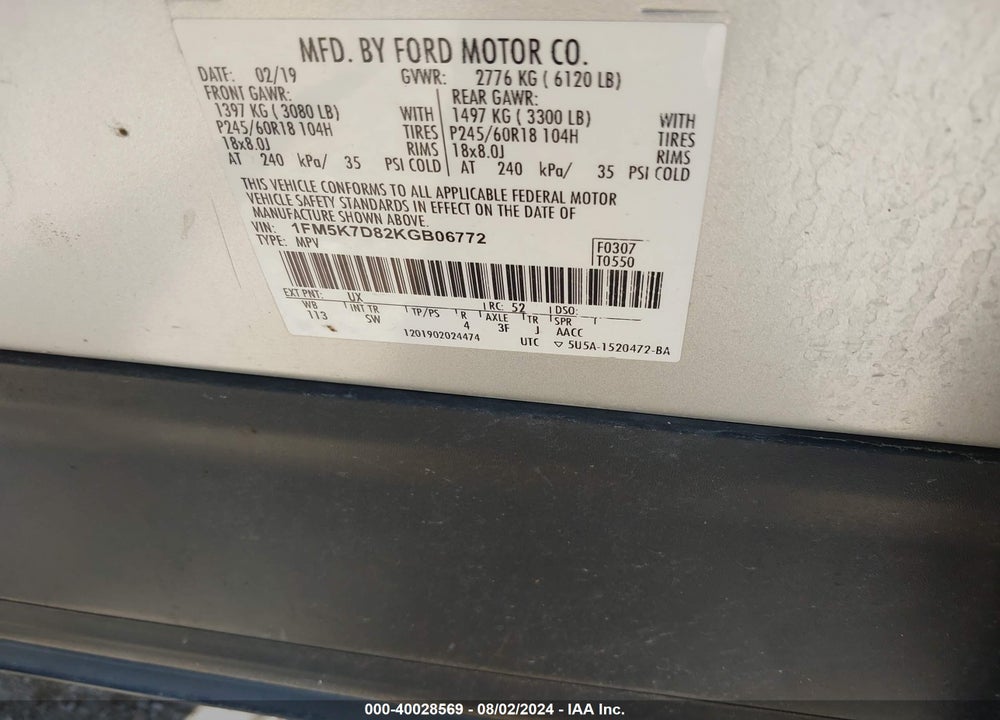 2019 FORD EXPLORER XLT VIN: 1FM5K7D82KGB06772