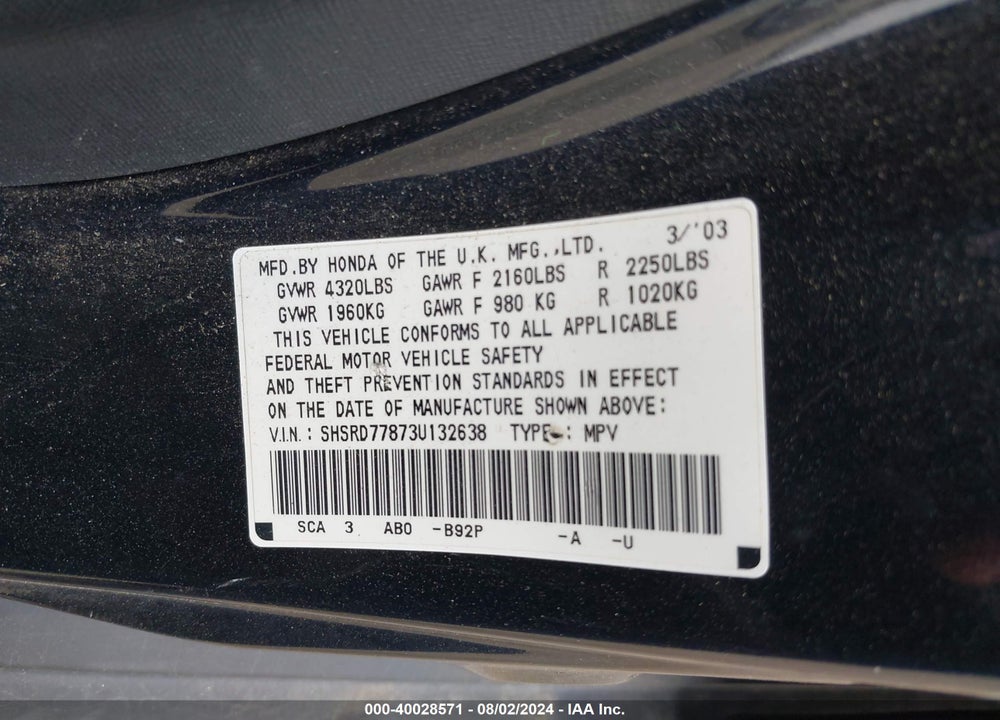 2003 HONDA CR-V EX VIN: SHSRD77873U132638