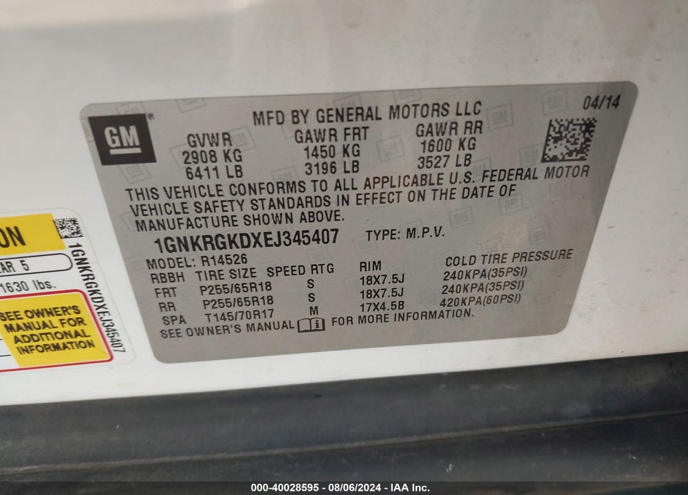 2014 CHEVROLET TRAVERSE 1LT VIN: 1GNKRGKDXEJ345407