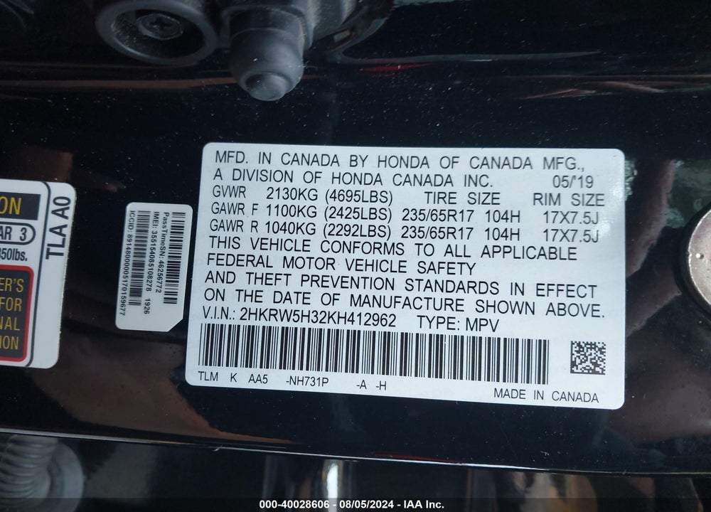 2019 HONDA CR-V LX VIN: 2HKRW5H32KH412962