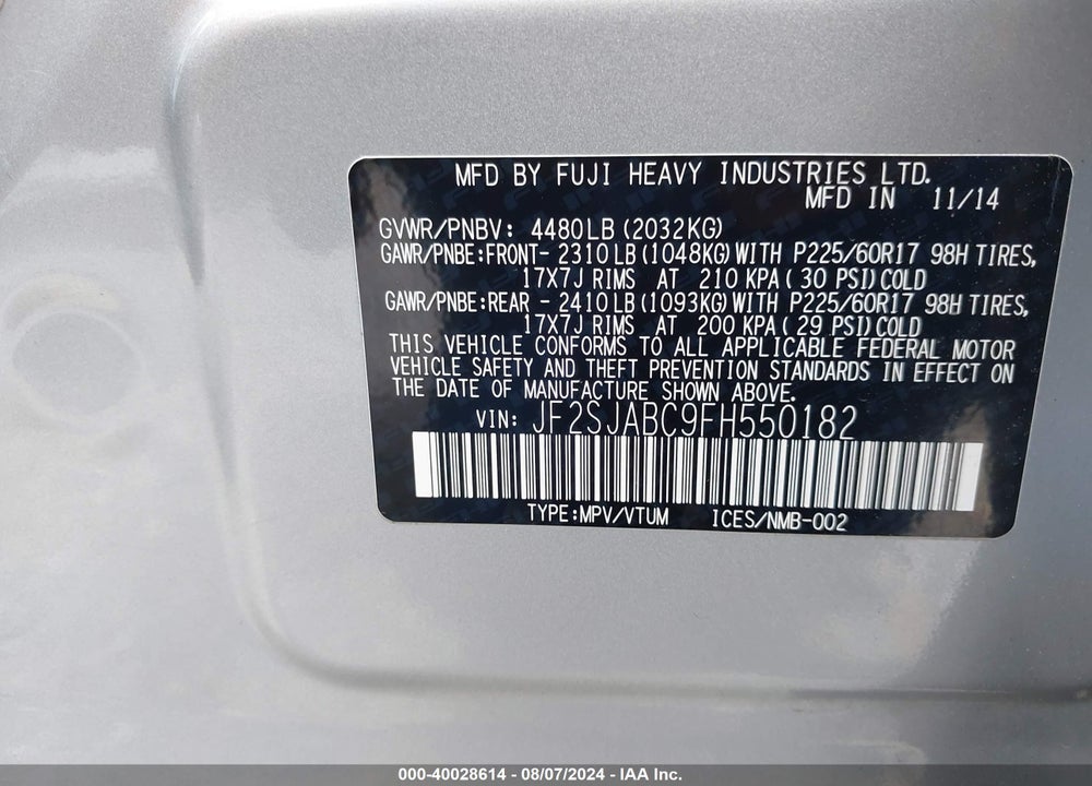 2015 SUBARU FORESTER 2.5I VIN: JF2SJABC9FH550182