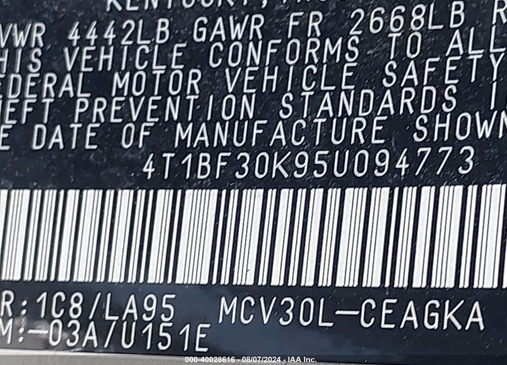2005 TOYOTA CAMRY XLE V6 VIN: 4T1BF30K95U094773