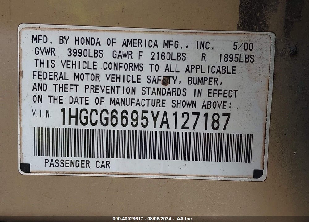 2000 HONDA ACCORD 2.3 SE VIN: 1HGCG6695YA127187