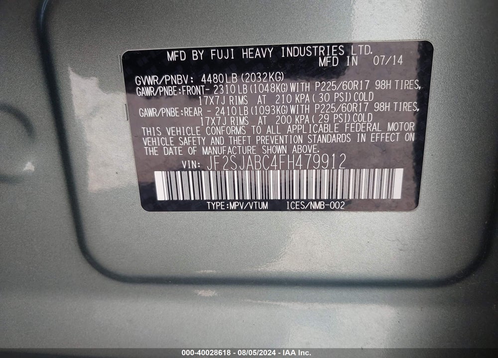 2015 SUBARU FORESTER 2.5I VIN: JF2SJABC4FH479912